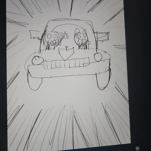 A car girl and a dog girl in a car screaming and driving towards the viewer dramatic speed lines very simple animal crossing like cat is driving dog has arms up black and white.