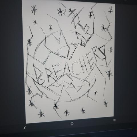 A photo of Breacherz doodle cover art a unfilled crescent moon with stars and cracks in space with a shattered hole that reads "Breacherz" across the sky obscuring the moon.