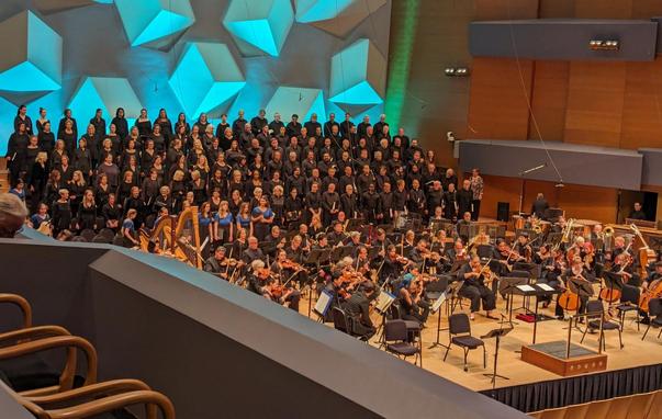 Professional orchestra setup. There's a large choir behind the orchestra (6 rows of adults, plus a small section of teens). It's a lot of people is what I'm saying.