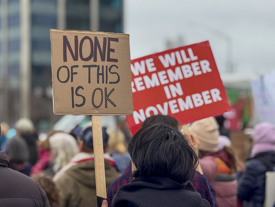 A cardboard sign that says "None of this is OK" and a red and white sign that says "We will remember in November"