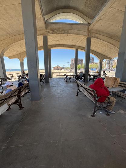Fish-eye view inside domed public shelter at Brighton Beach Park.