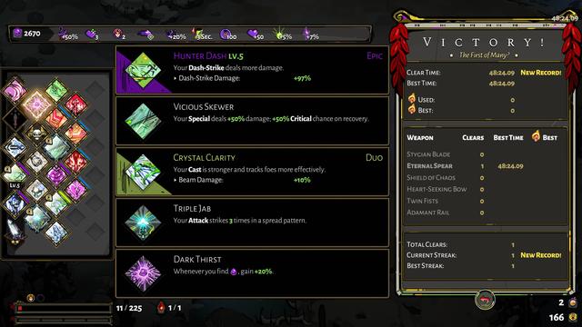 Screenshot of the summary of my first successful escape. It lists tje permanent upgrades I had, the Olympian boons I picked during the run, my clear time (48:24.09 minutes), my weapon, and several other things.