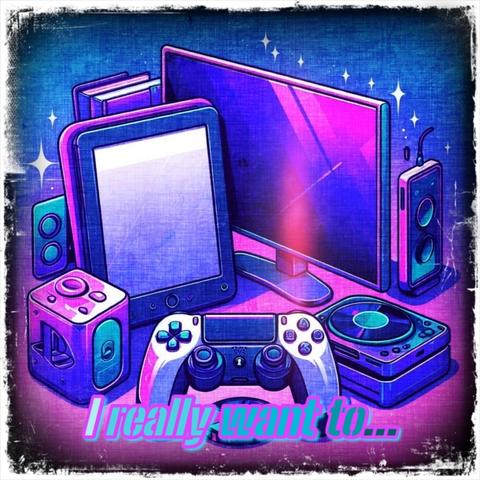 A vibrant and visually appealing illustration featuring various electronic devices, such as a tablet, a gaming controller, a television, a speaker, a cube-shaped device, and a turntable. The devices are highlighted with neon colors in shades of purple, blue, and pink, set against a textured, starry background. At the bottom, bold and stylized text reads, 'I really want to...'