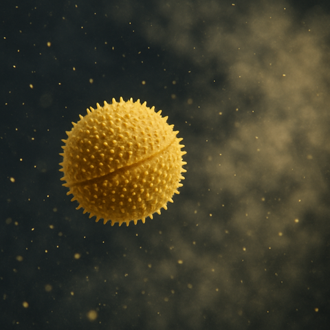 Nahaufnahme eines gelblichen Pollenkorns mit stacheliger Oberfläche, das in der Luft schwebt. Im unscharfen Hintergrund sieht man dichte Schwaden von Pollen.

Close-up of a yellowish, spiky pollen grain floating in the air. In the blurred background, dense clouds of pollen are visible.

Bildkennzeichnung: KI generiert