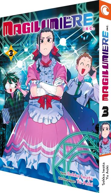 Cover zu Band 3 von Magilumiere Inc.
Dargestellt ist das Team im Hintergrund bestehend aus Kojo Shigemoto in einem wundervoll pinken Rüschenkleid, Kazuo Nikoyama mit Laptop und dicker Brille und Kaede Midorikawa am Handy.