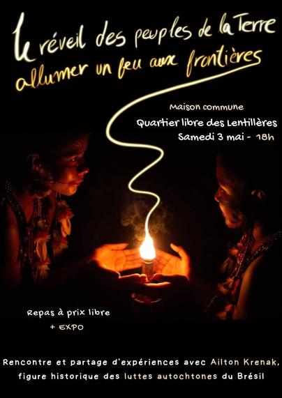 Affiche illustrée par une image de deux jeunes indigènes, face à face dans le noir, tenant une flamme dans leurs mains.