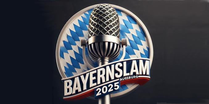 Logo des Bayernslam 2025 in Augsburg: Ein Mikrophon über einer bayerischen Flagge und Schriftzug "Bayernslam 2025".