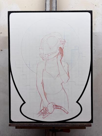 Initial drawing on canvas for a painting of a woman with a lynx skull for a head, holding a hose from a gas pump