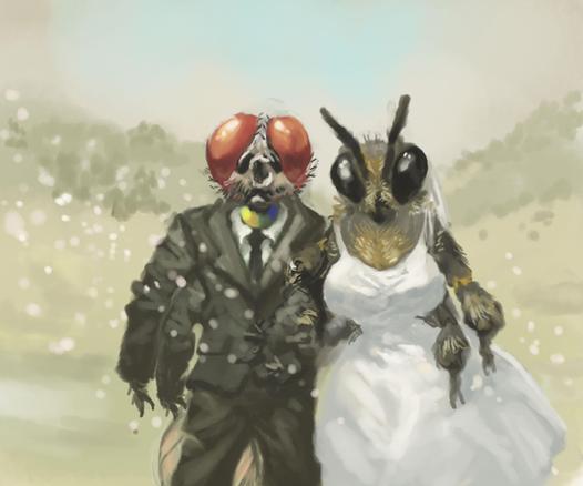 Digital painting of surreal wedding between fly and bumblebee, inspired by the Ren and Stimpy parody of Burl Ives