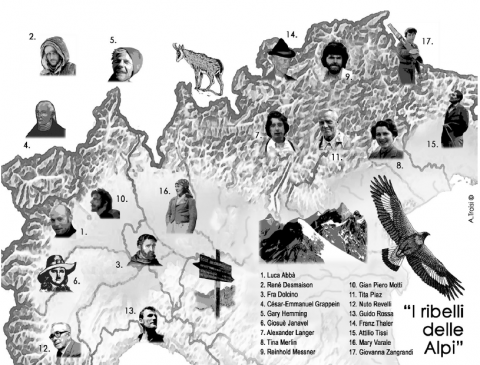 Carte avec les portraits des « rebelles des Alpes » présentés dans le livre de Enrico Camanni.