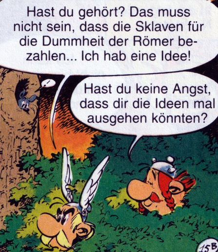 Asterix und Obelix beobachten Römer aus einem Versteck heraus.