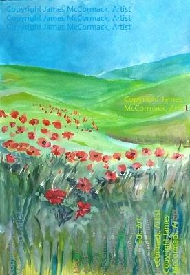 G.
Poppy Summer Red. 
Red summer poppies against verdant hills and a blue sky. The poppies are up front with the green rolling hills fading into a blue sky.