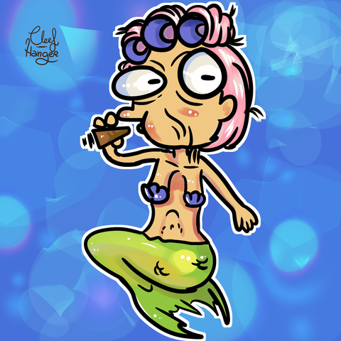 The little mermaid but has "rulos" white hairs and her tits are baggy and her face wrinkled while smoking a "puro" under the sea.