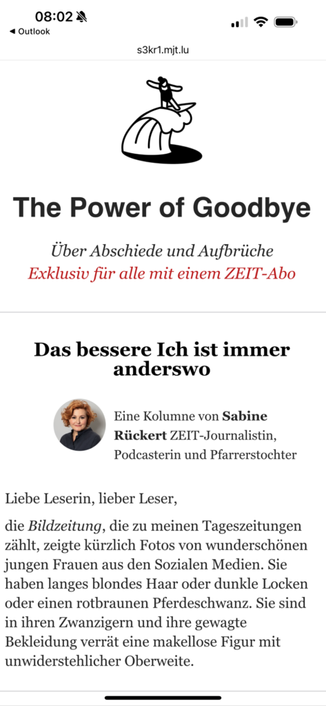 Screenshot eines Artikels mit dem Titel 'The Power of Goodbye', der über Abschiede und Aufbrüche spricht. Der Text ist von Sabine Rückert, einer Journalistin. Es enthält eine Bildunterschrift und persönliche Anrede an die Leser.