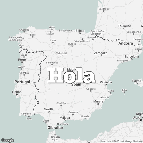 Map of Spain overlaid with a translation of the word "hello": Hola.