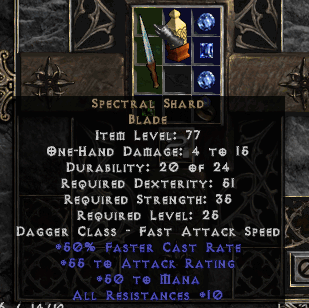 Spectral Shard, a blade that looks like a short dagger with a brownish red handle, in a Horadric Cube in the game Diablo 2.