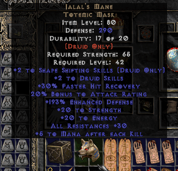 Jalal's Mane, a wolf's head mask headgear with blue markings and red eyes, in a character inventory screen in the game Diablo 2.