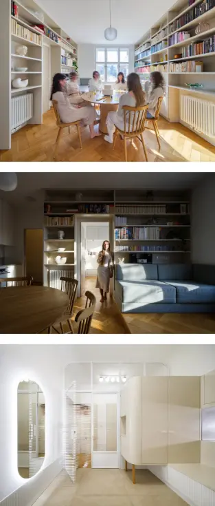 The team of studio No Architects transformed an average 82-square-meter apartment into an 11-room home.