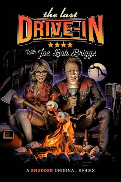 A cartoon of Darcy and Joe Bob sit facing a campfire. She's holding an axe. He's holding marshmallows on a stick in one hand, flashlight under his chin in the other hand, like he's telling a ghost story