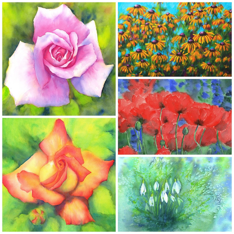 Collage aus fünf handgemalten Blumenbildern: 
New Years Rose is a watercolor painting in contemporary square format by artist Karen Kaspar. It shows a delicate Rose blossom in shades of pink, white and blue on an abstracted green background with leaves.
Summer garden with yellow coneflowers is an acrylic painting in a contemporary square format painted by the artist Karen Kaspar. A multitude of beautifully flowering rudbeckias or coneflowers in bright yellow and orange tones dance in the summer wind in a garden. 
Red poppies with blue delphinium flowers is a hand-painted watercolour painting in landscape format by the artist Karen Kaspar. Bright red poppies and deep blue delphiniums bloom together in a flower bed in a summer garden. 
First signs of spring is a watercolor painting in landscape format by artist Karen Kaspar. It shows white Snowdrop or Galanthus flowers in a spring garden. The background is abstracted in vibrant shades of green and blue.
Velvety peachy Rose is a watercolor painting in contemporary square format painted by artist Karen Kaspar. A beautiful rose blossom in vibrant shades of yellow, peachy orange and red accompanied by a little rose bud is showing her beauty on an abstracted background in shades of green.