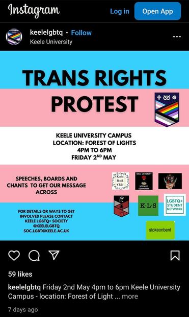 Instagram post shows details as per toot on a trans flag background