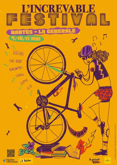 Affiche dessinée - une cycliste en short léopard, cheveux longs, lunettes de soleil, casque de vélo, qui tient son vélo debout, couleur violette dominante, sur fond jaune orangé - de l'Increvable Festival les 9,10 et 11 mai à la Générale.
Ateliers, ciné-débat, rencontres, chorale, expos, DJ set.