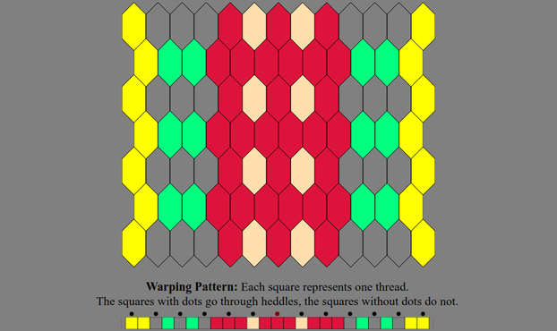 An Inkle weaving diagram and warping pattern in the color sequence listed in the text description: The warping pattern is a line of colored boxes with small dots above every other one, above which it states: "Warping Pattern: Each square represents one thread. The squares with dots go through heddles, the squares without dots do not." The weaving diagram is a series of tessellated lozenge shaped tiles illustrating how the pattern will appear when woven.