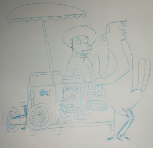 Cybird holding an elote and chatting with a street food vendor cyote in a wide brim hat beside their cargo trike.  The tricycle is equipped with a lever that lifts the front wheels up so that the box can stand firm on the ground.  The box has a pair of coolers on top and an umbrella to provide additional shade.  Text on the front of the box reads "Chicharrones\豚の皮" above a picture of a pinwheel chip and several hanging paper bags, and "ELOTES\トウモロコシ" above a heavily stylized image of a corn cob with mayo on it.