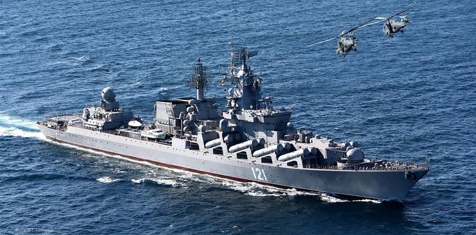 Russian former missile cruiser Moskva, seen in original factory condition - out at least on the right side of the water / air interface. The missile tubes are so incredibly Warhammer 40k that it's genuinely a surprise nobody has painted it red so it goes faster.