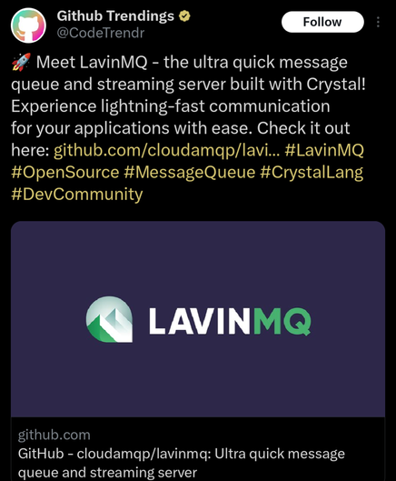 Meet LavinMQ - the ultra quick message queue and streaming server built with Crystal! Experience lightning-fast communication #OpenSource #MessageQueue #CrystalLang #DevCommunity