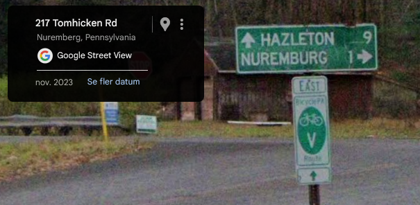 Road sign near Nuremberg, Pennsylvania, pointing to Hazleton and Nuremburg. (I don't know why it's spelled "Nuremburg" on the sign and "Nuremberg" on the map.)