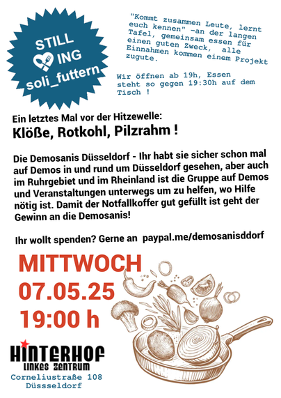 Flyer zur Veranstaltung, text wie im Beitrag, oben Links Logo "Still <3 ing soli_futtern", blauer gezackter Kreis, unten links das logo vom Hinterhof - Linkes Zentrum, daneben eine Zeichnung einer Pfanne in der fröhlich Gemüse in hohem Bogen geschwenkt wird.
Textfarbe ist blau, schwarz und orange
