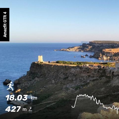Image looking down across the rocky shore line of Riviera Bay, and Golden Bay and across the rocky cliff marked shoreline. The sky is navy blue and calm, while the horizon is pale blue, and pin at the boundary. Data imprinted on the image is from the Amazfit GTR4 running watch. Distance 18.03km Elevation Gain 427m and a graph that shows the elevation gained and lost throughout the course of the run.