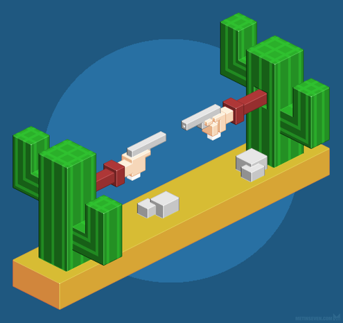Isometric pixel artwork, showing two large cactuses. Each cactus shows a cowboy arm with a gun coming out of a hole. The arms are aiming at each other for a Western-like shootout.