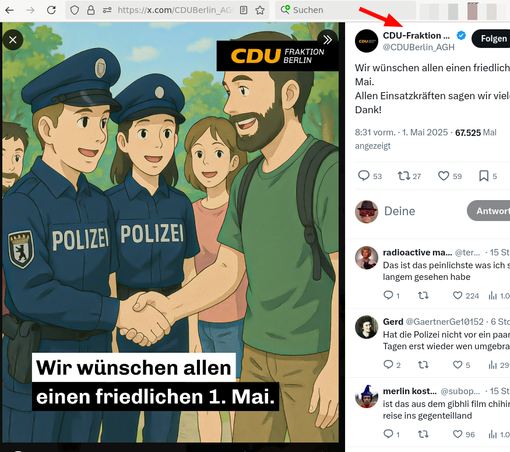 screenshot X. Zeichentrickfiguren in Polizeiunformen geben einen Bürger die Hand. Alles ist im Stile des Studio Ghibli gehalten. Das Bild ist offensichtlich von einer KI generiert. Unten steht "Wir wünschen allen einen friedlichen 1. Mai."