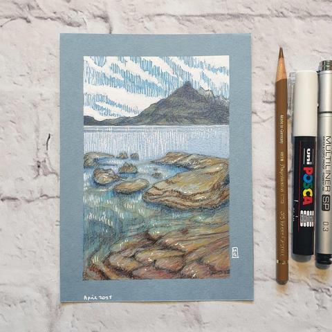A view from the water at Elgol, Isle of Skye, Scotland, featuring semi submerged rocks and distant mountains. 
Elgol is a small scattered hamlet on the shores of Loch Scavaig, reached by a scenic road through the Red Cuillin Mountains on the Isle Of Skye. 
An original art work
Colour pencil and mixed media on acid free toned artist paper
5 by 7 inches (12.7 by 17.8 cm).
Sold unframed