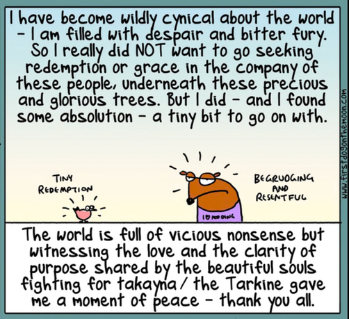 First Dog on the Moon cartoon plate - long dialogue about discovering the beauty of old growth forests and the vital work anti-loggers are doing for all of us.