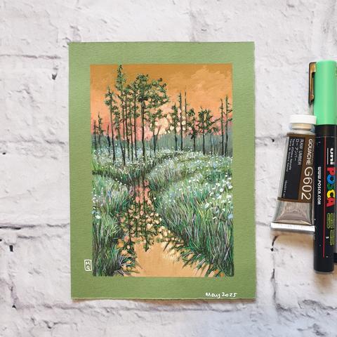 A small drawing of a landscape with a river. A sunset scene with green trees and grasses speckled with white wildflowers and an orange sky, the trees are reflected in the water.
The drawing is on green pastel paper.
An original art work
Colour pencil and mixed media on acid free toned artist paper
5 by 7 inches (12.7 by 17.8 cm).
Sold unframed