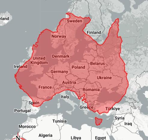 A map of Australia in red is superimposed over the map of Europe in grey. Australia from west to east is greater than the distance between the west coast of Ireland and well past the east border of Ukraine. North to South Australia spans the middle of Sweden to the middle of the Mediterranean sea.