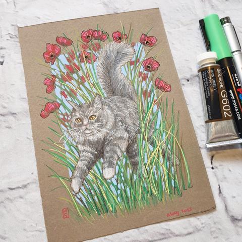 A small drawing of a chunky grey cat leaping through red flowers and long grass. The drawing is on beige pastel paper.
An original art work
Colour pencil and mixed media on acid free toned artist paper
5 by 7 inches (12.7 by 17.8 cm).
Sold unframed