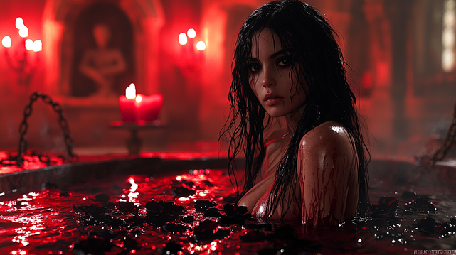 Le Sang du Silence.
Femme mystérieuse dans un bain rouge sang, entourée de pétales noirs et de bougies dans une ambiance gothique et feutrée.
Mysterious woman in a blood-red bath, surrounded by black petals and candles in a moody gothic atmosphere.