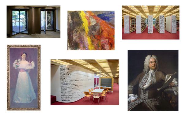 Drehtür: Axel Malik - Zeichenwächter (2023)
Eingang zum Lesesaal: Detlef Kappeler Zu Carl von Ossietzky - Erinnerung (1990)
Ausleihtheke: Axel Malik - Die fiebrige Bibliothek (2023)
Steinwand zum Büroflur Lesesaal 2: Julie Wolf-Thorn - Bildnis der Kunstförderin Ida Auerbach, später Dehmel (1897)
Gruppenarbeitsbereich: Axel Malik - Schwarze Schriftzeichen auf einer Wand neben einem Tisch für die Gruppenarbeit (2023)
Treppenaufgang Lesesaal: Thomas Hudson - Bildnis des Komponisten Georg Friedrich Händel (1749)