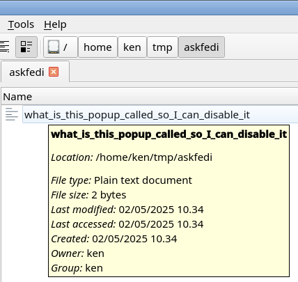 A popup over a file in pcmanfm with a lot of information about filesize and last modified time that may be useful sometimes but usually just gets in the way