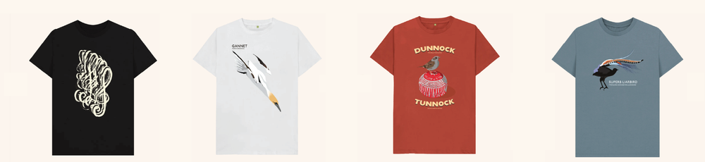 A selection of my T-Shirts available with free shipping this weekend. Including: a black one with some treble clefs on it; a white one with a diving gannet; an orange one with a dunnock on a tunnock; and a blueish one with a superb lyre bird on it.
