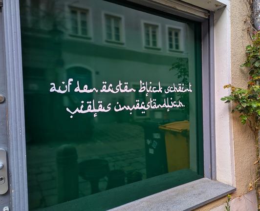 A street-level view shows a window with what seems white Arabic script painted on its surface. It's not Arabic though, but  says "At first glance a lot of things seem incomprehensible " in German. The reflection in the glass shows buildings across the street, suggesting it's daytime. Below the writing, a glimpse of the interior reveals a black bin and a yellow recycling container. To the right of the window, a climbing plant with green leaves and hints of red stems grows against a light-coloured wall. The window frame is dark, contrasting with the lighter wall and the reflections in the glass.