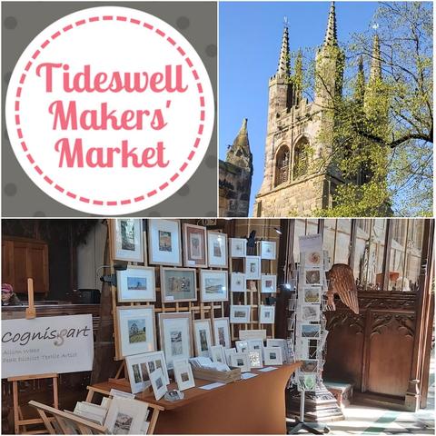 Collage of inages showing the Tideswell Makers Market logo, the church tower, and a display of framed artwork inside the church