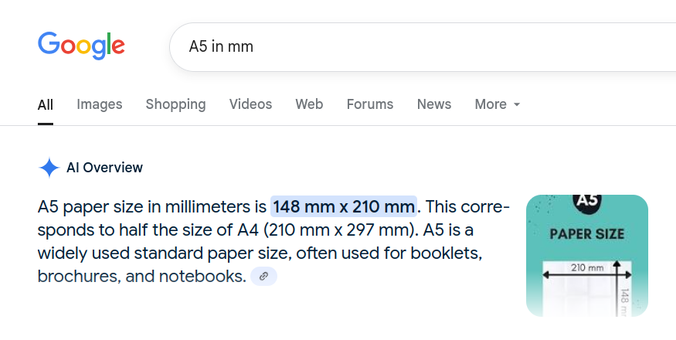 Google query: A5 in mm
Response: A5 paper size in millimeters is 148 mm x 210 mm. This corresponds to half the size of A4 (210 mm x 297 mm). A5 is a widely used standard paper size, often used for booklets, brochures, and notebooks.