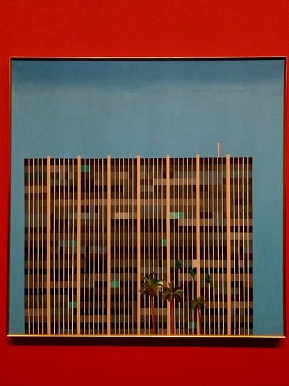 Photographie du tableau de David Hockney "Savings and Loan building" présenté lors dz la rétrospective Hockney de 2025 à la Fondation Louis Vuittom à Paris