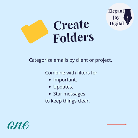 Text: Create folders: Categorize emails by client or project. Combine with filters for - important, - Updates, - Star messages - to keep things clear.