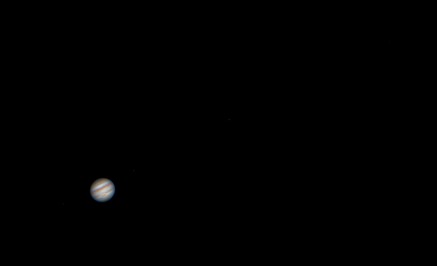RGB image of Jupiter and the four Galilean Moons. From left to right: Europa, Io, Ganymede, Callisto.